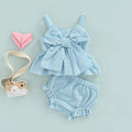 Girl 2Pcs Sweet Clothing Set Striped Print Big Bow Embellished Vest